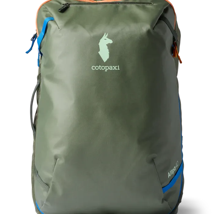 COTOPAXI Allpa 42L travel pack in olive green with blue and orange accents.