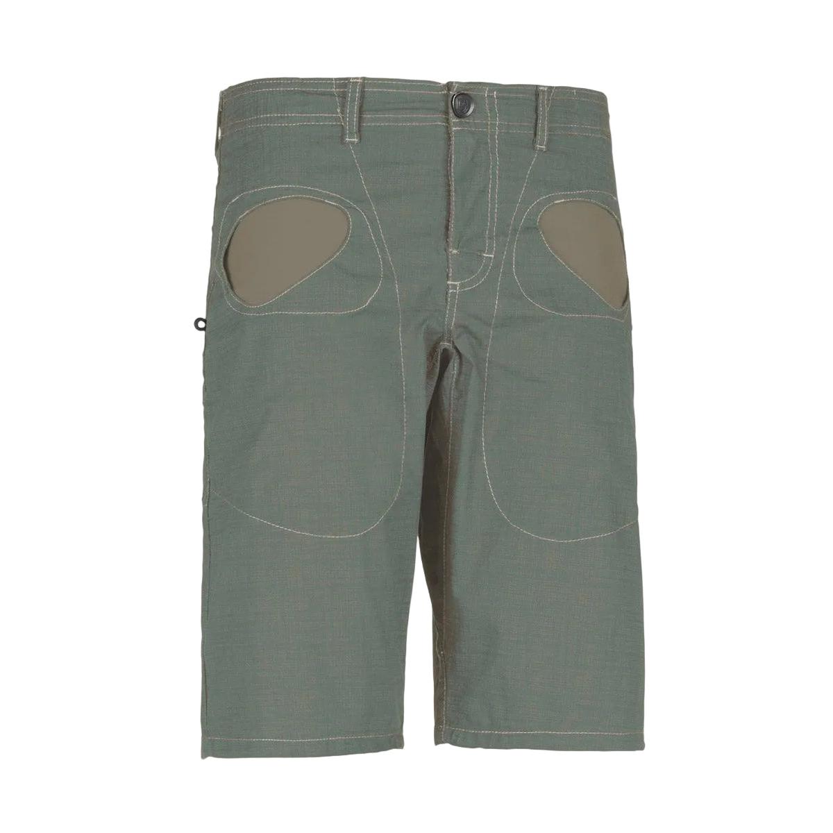 E9 Men's RONDO urban climbing shorts in green organic cotton with contrasting pockets and brush holder.