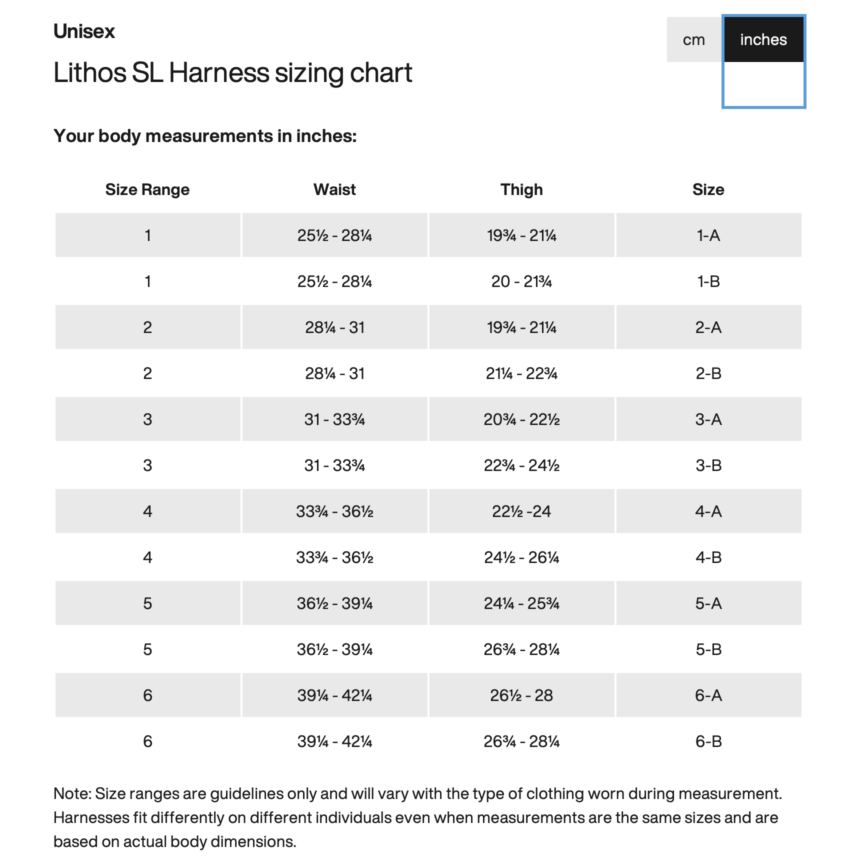 Lithos SL Harness sizing chart for unisex in inches