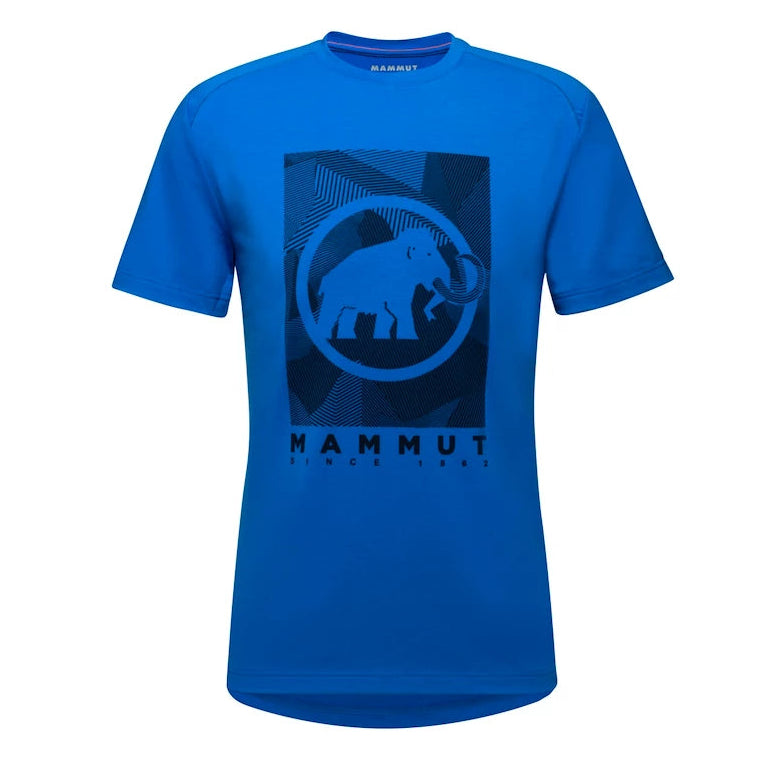 Bright blue Mammut Trovat short sleeve tee with a black geometric mammoth logo graphic on the chest.