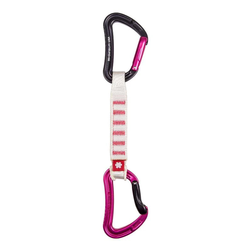 Ocun Raven QD Zoom climbing quickdraw with ergonomic pink and black carabiners connected by a wide polyamide dogbone.