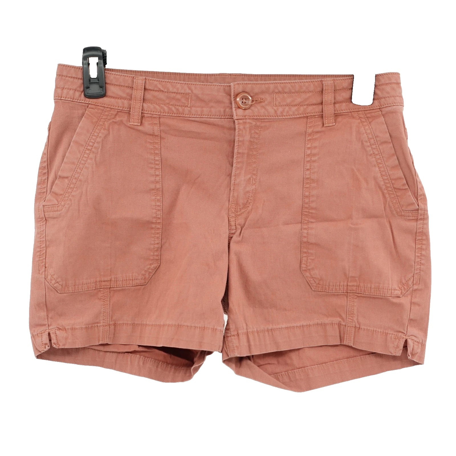 PRANA Women's ELLE 5" inseam shorts in terracotta, featuring front patch pockets and button closure.