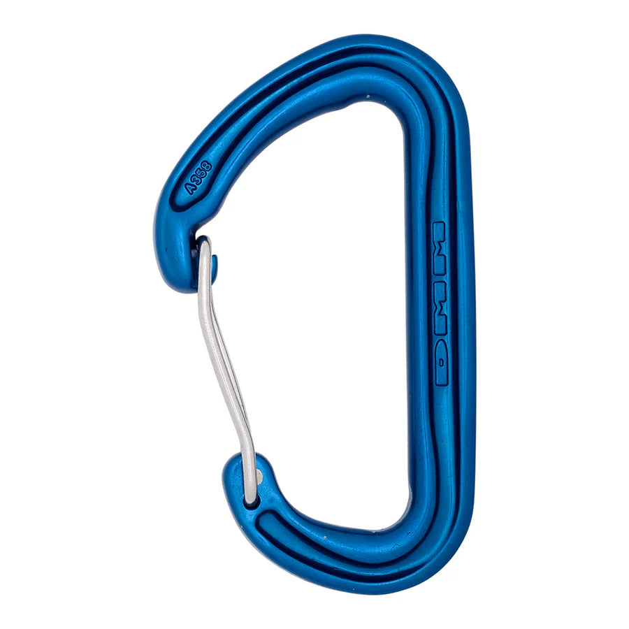 Blue DMM Spectre lightweight wiregate climbing carabiner with a sleek, ergonomic aluminum alloy design.