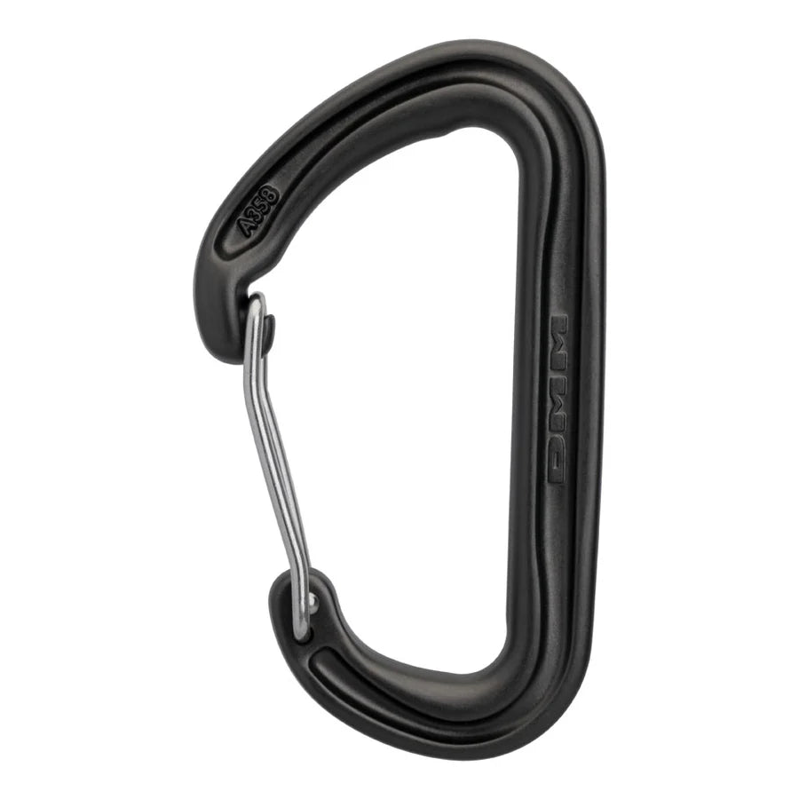 Black DMM Spectre lightweight wiregate climbing carabiner with a sleek, ergonomic design for easy racking.