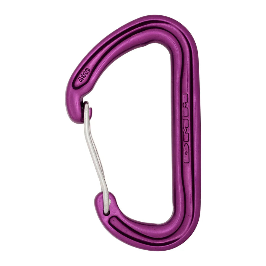 Purple DMM Spectre lightweight wiregate climbing carabiner with a silver wire gate and embossed branding.