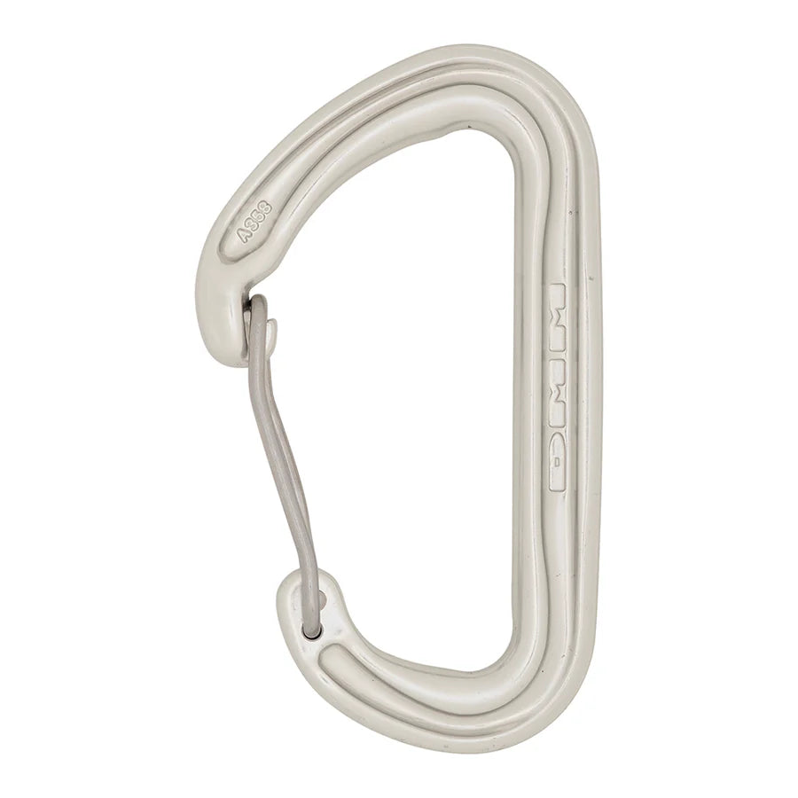 Lightweight grey DMM Spectre wiregate climbing carabiner with a sleek, durable metal frame design.