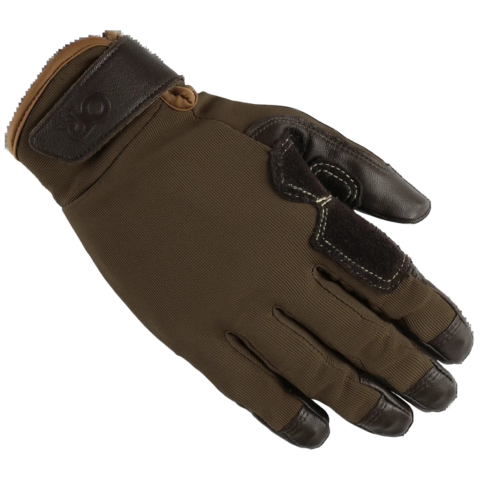 Brown polyester/spandex belay glove with dark brown leather palm and finger reinforcements, adjustable wrist strap.