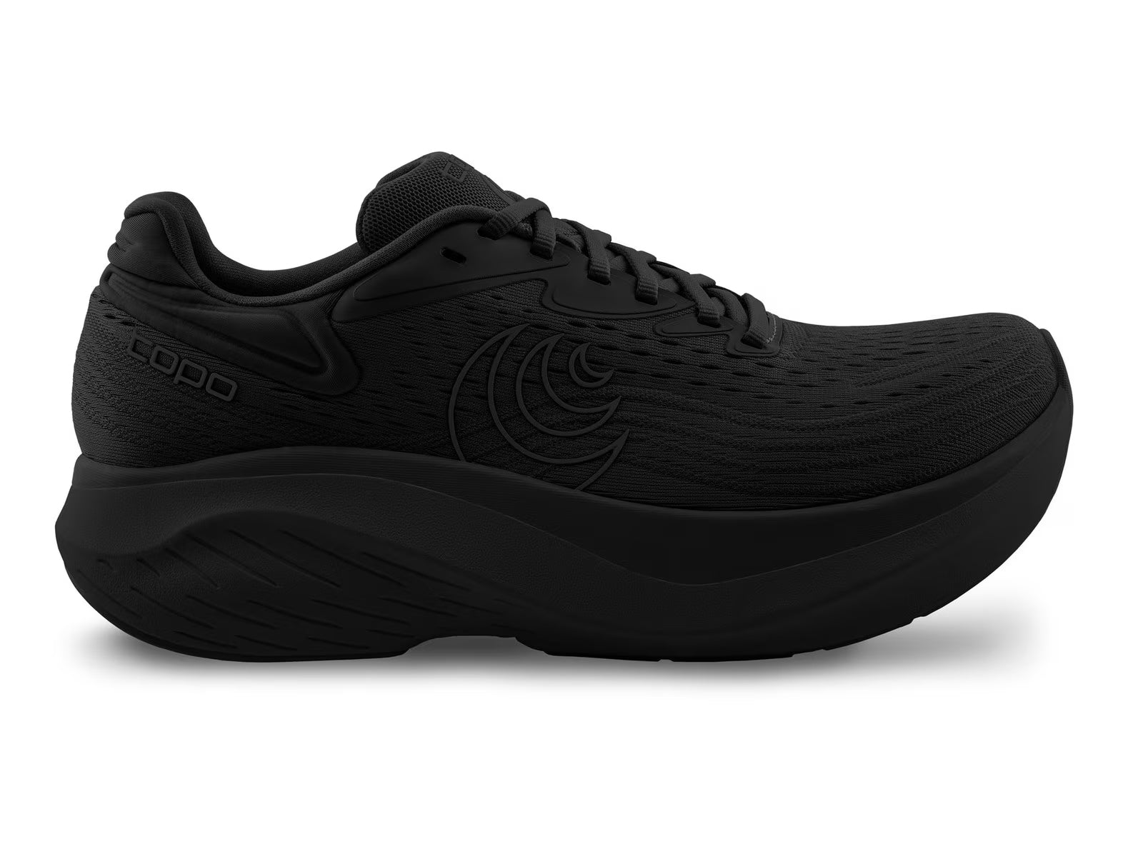 All-black Topo Athletic Atmos 2 road running shoe with a breathable mesh upper and thick, cushioned ZipFoam midsole.