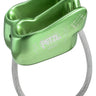 Lightweight green aluminum Petzl Verso belay device with V-shaped friction grooves and an attached steel cable loop.