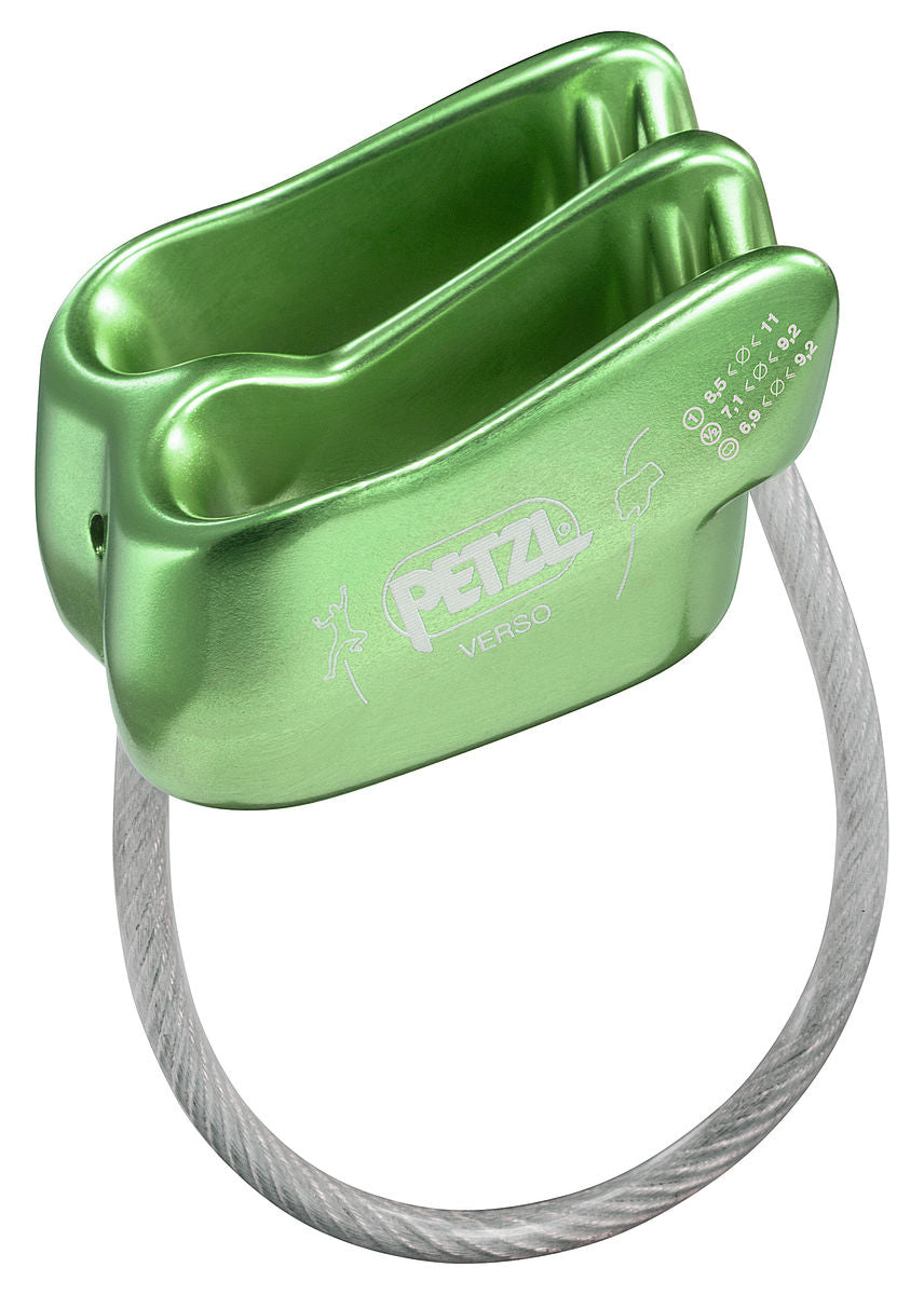 Lightweight green aluminum Petzl Verso belay device with V-shaped friction grooves and an attached steel cable loop.