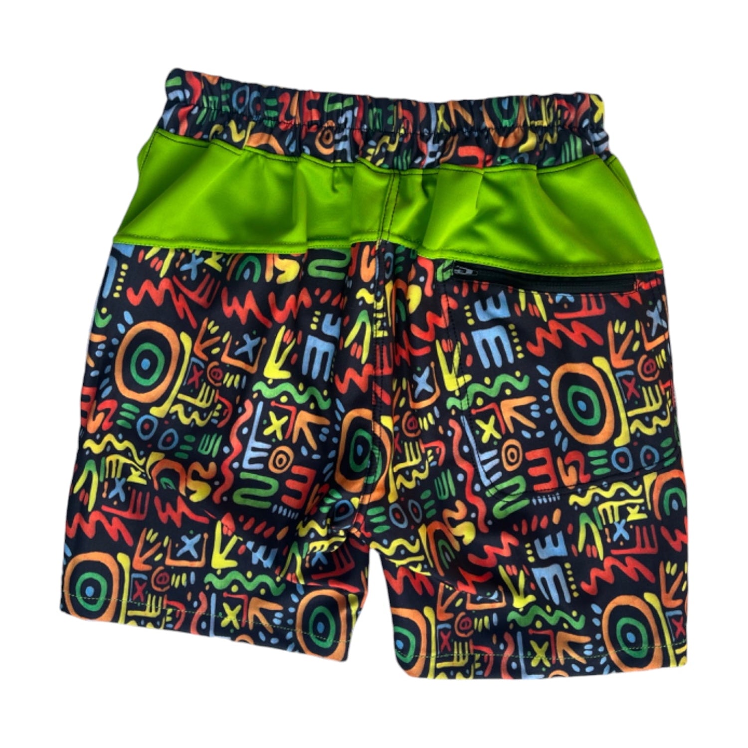 Turk Mountain shorts with a vibrant, funky pattern, green waistband, and back zip pocket.