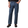 Men wearing blue organic cotton climbing pants with a built-in belt and reinforced knees for flexibility.