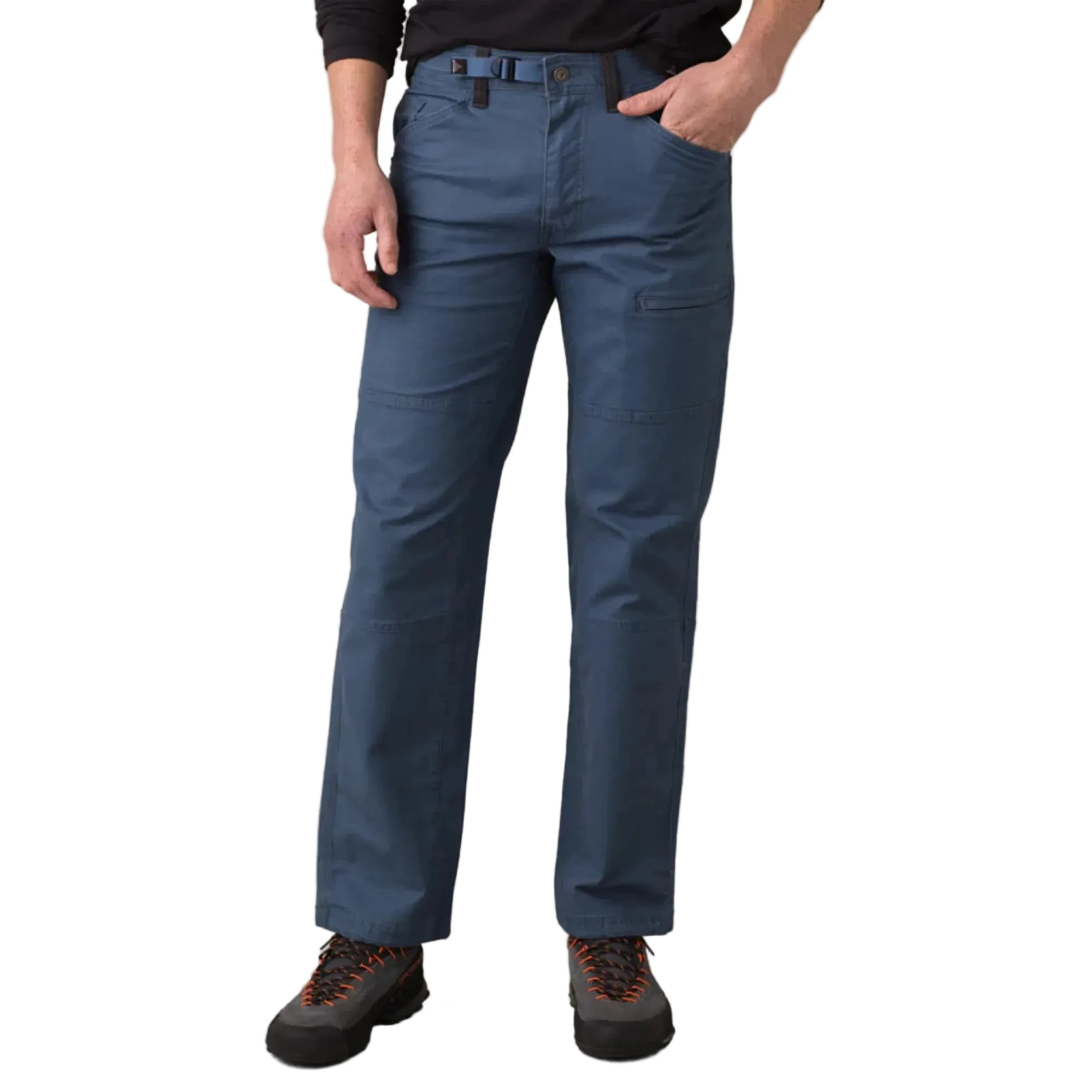 Men wearing blue organic cotton climbing pants with a built-in belt and reinforced knees for flexibility.