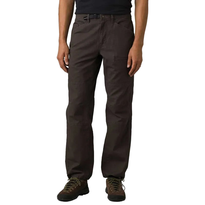 Men's Prana Kragg climbing pants in dark brown organic cotton blend with a built-in waist belt and reinforced knees.