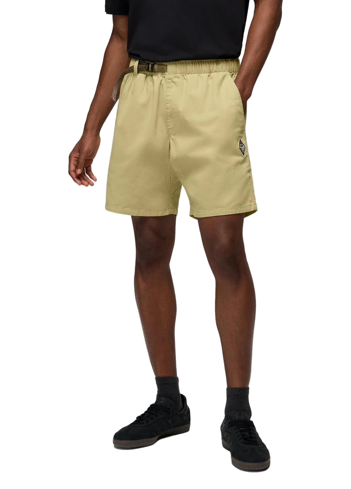 Men's tan organic cotton Durado shorts with an 8-inch inseam, pull-on adjustable waistband, and a small logo patch.