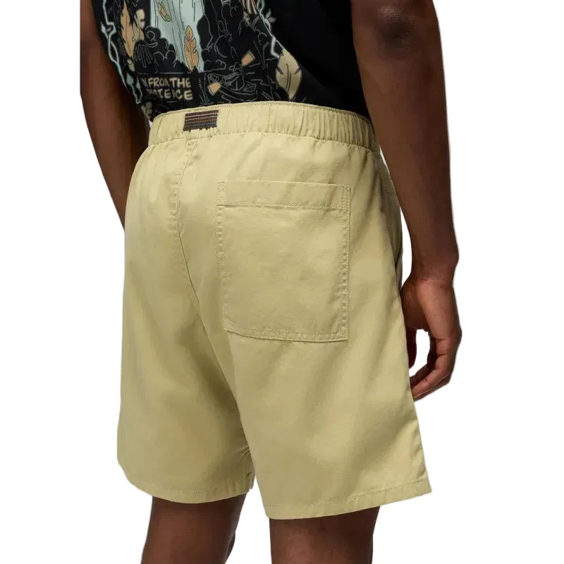 Beige PRANA Durado organic cotton shorts with an 8-inch inseam and an adjustable pull-on elastic waistband.