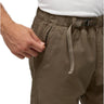 Olive green PRANA Durado organic cotton shorts featuring an adjustable webbing belt and a secure zippered side pocket.