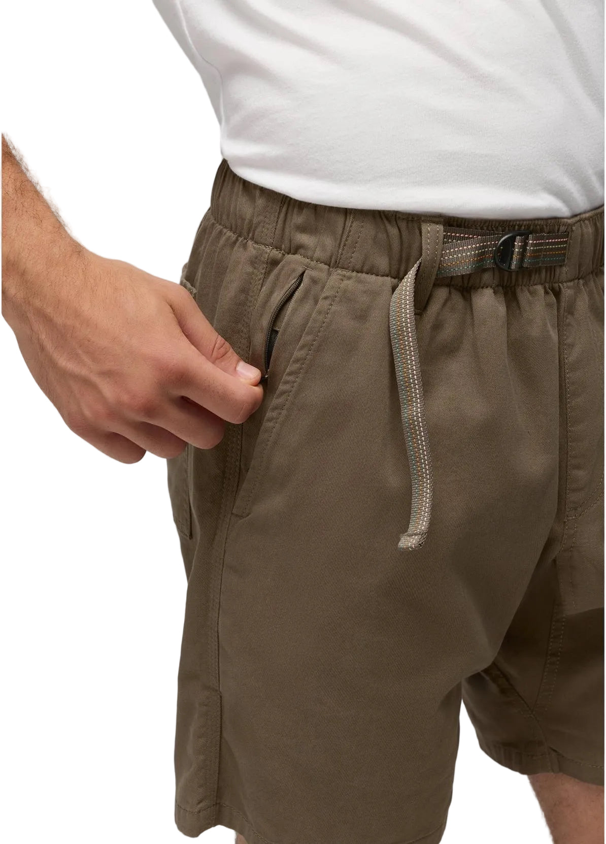 Olive green PRANA Durado organic cotton shorts featuring an adjustable webbing belt and a secure zippered side pocket.
