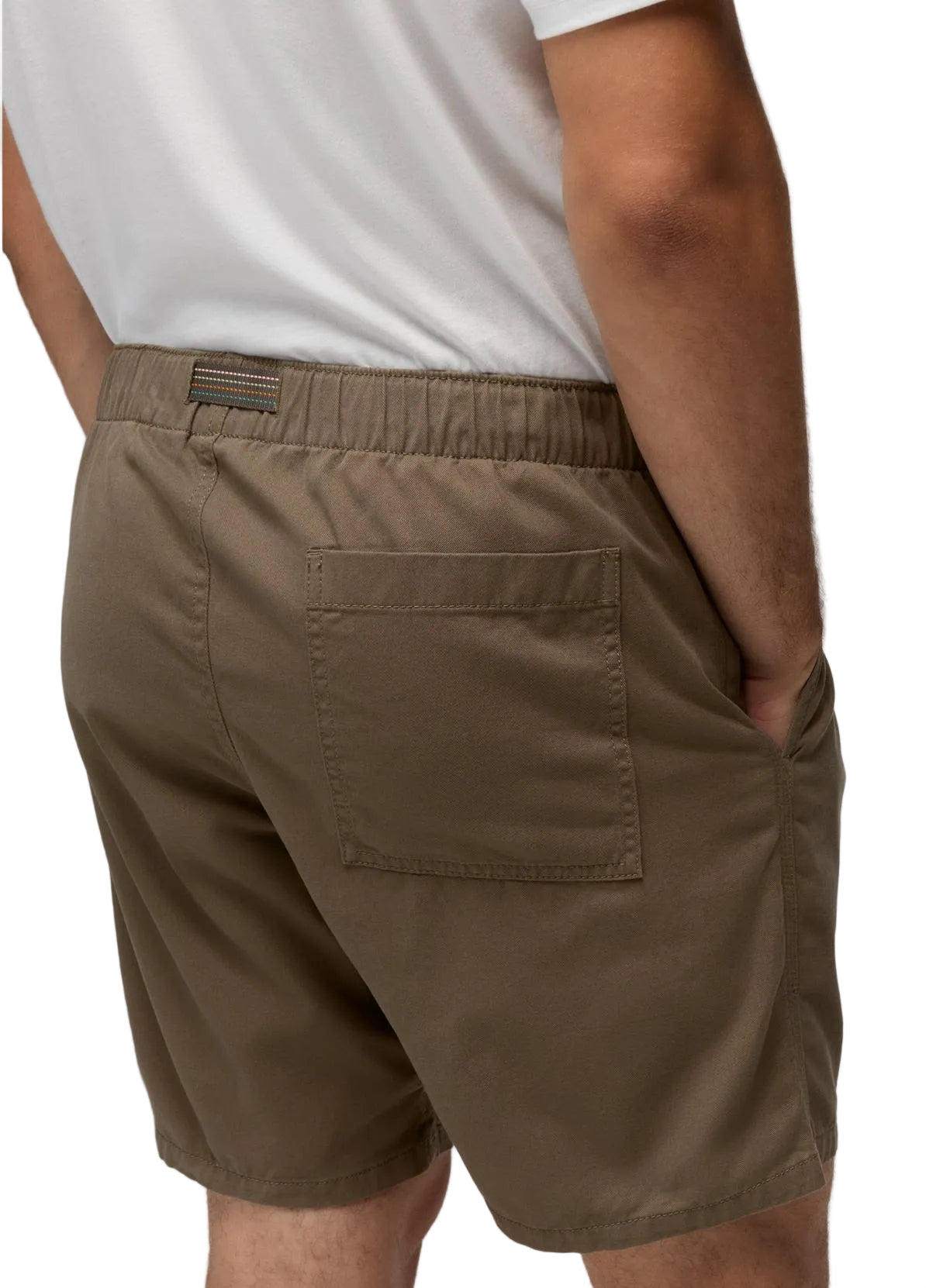 Olive green PRANA Durado organic cotton shorts featuring an adjustable pull-on waistband and a back patch pocket.