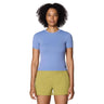 Woman wearing a light blue ribbed short-sleeve Mountain Hardwear Peak Knit Tee with a crew neck.