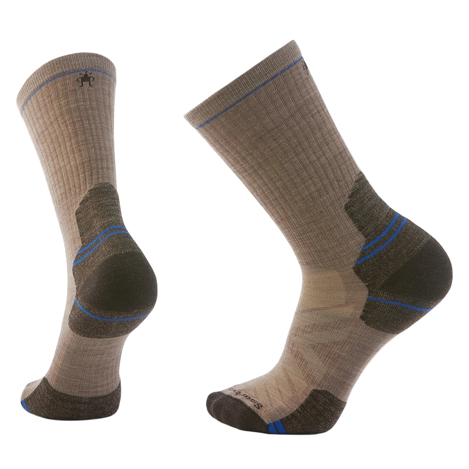 Taupe Smartwool men's hike crew socks with targeted dark brown cushioning, blue accent stripes, and ribbed comfort welts.