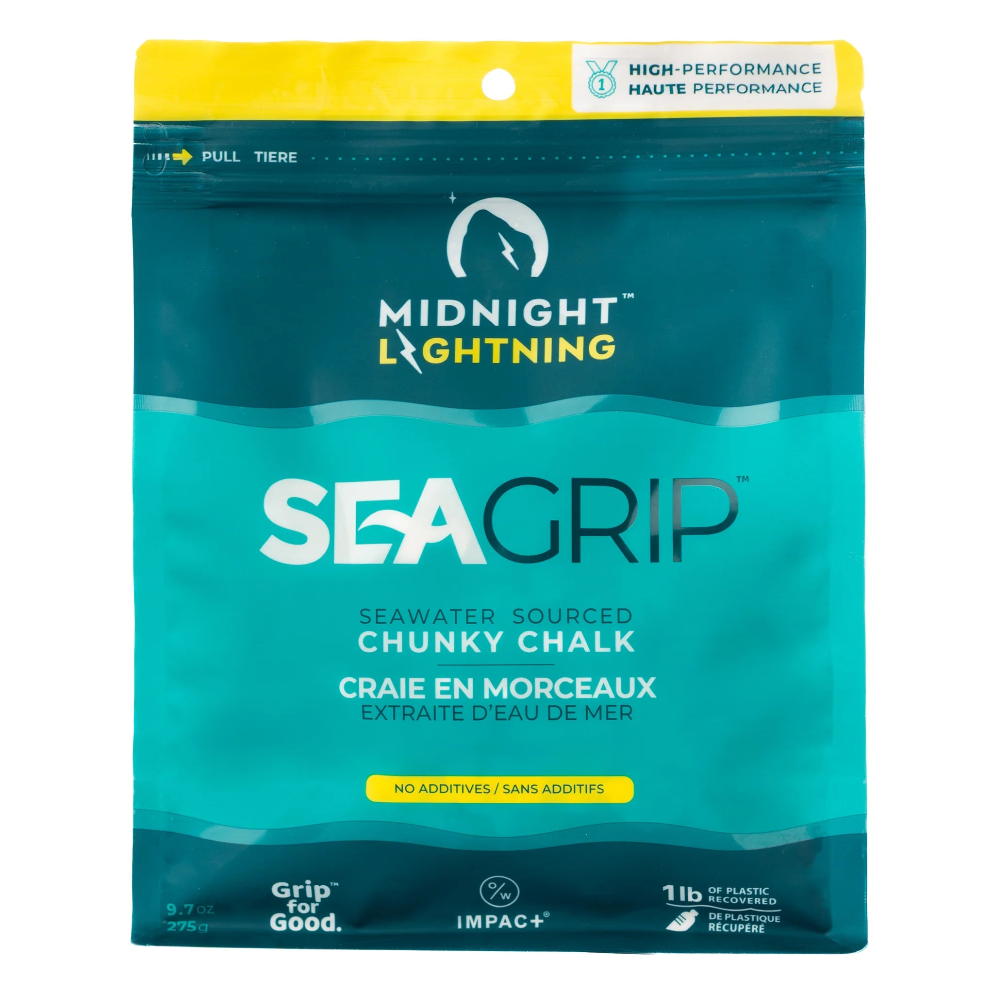 275g bag of Midnight Lightning Sea Grip chunky chalk in teal packaging with yellow accents and bilingual branding.