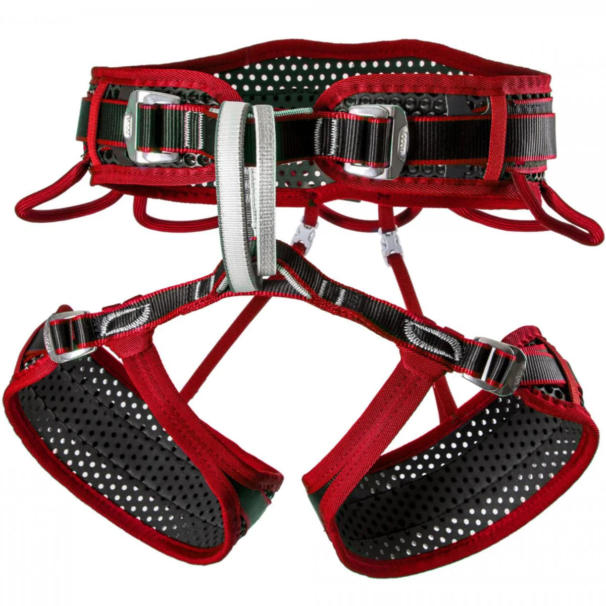 Red Ocun Webee 3-buckle climbing harness featuring a breathable, perforated honeycomb padding design.