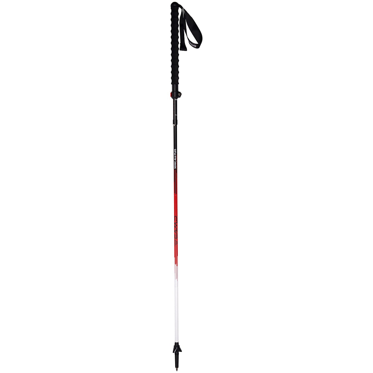 C.A.M.P. Sonic Alu Plus foldable trekking pole with a black foam grip, wrist strap, and red-to-white gradient aluminum shaft.