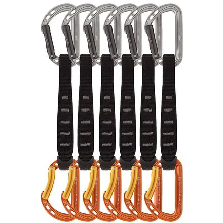 Six Petzl Spirit Express quickdraws with silver carabiners, black slings, and orange bent-gate carabiners.