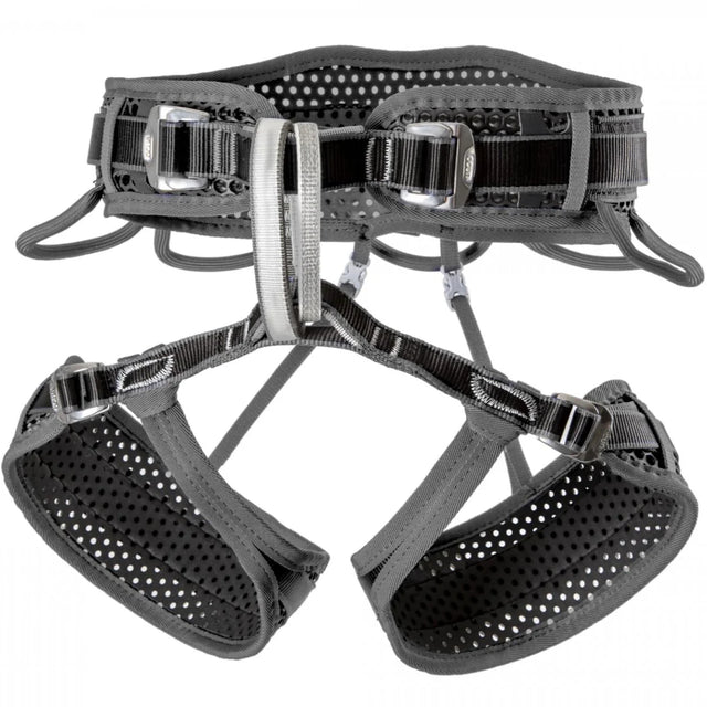 Grey Ocun Webee Big Wall climbing harness featuring a breathable, perforated foam design with three adjustable buckles.