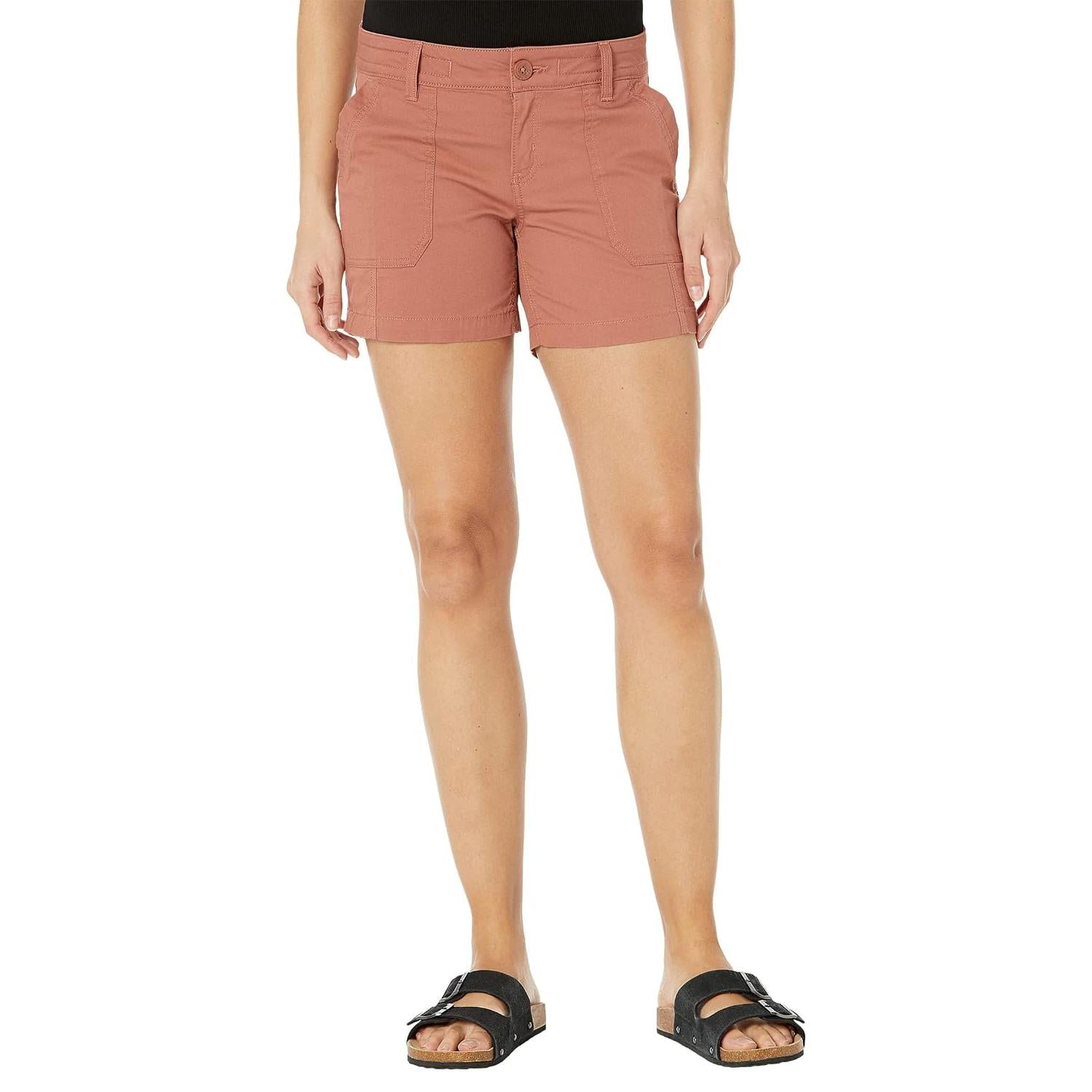 PRANA Women's ELLE Shorts in dusty rose, 5" inseam, with front utility pockets and a button closure.