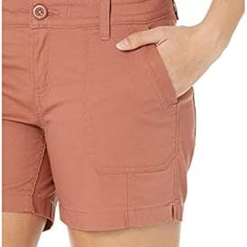 PRANA Women's ELLE Shorts in terracotta, 5" inseam, with pockets and rolled cuffs.