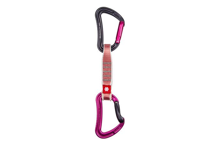Ocun Raven QD ZOOM PA quickdraw with two ergonomic carabiners and a flexible, wide pink polyamide dogbone.