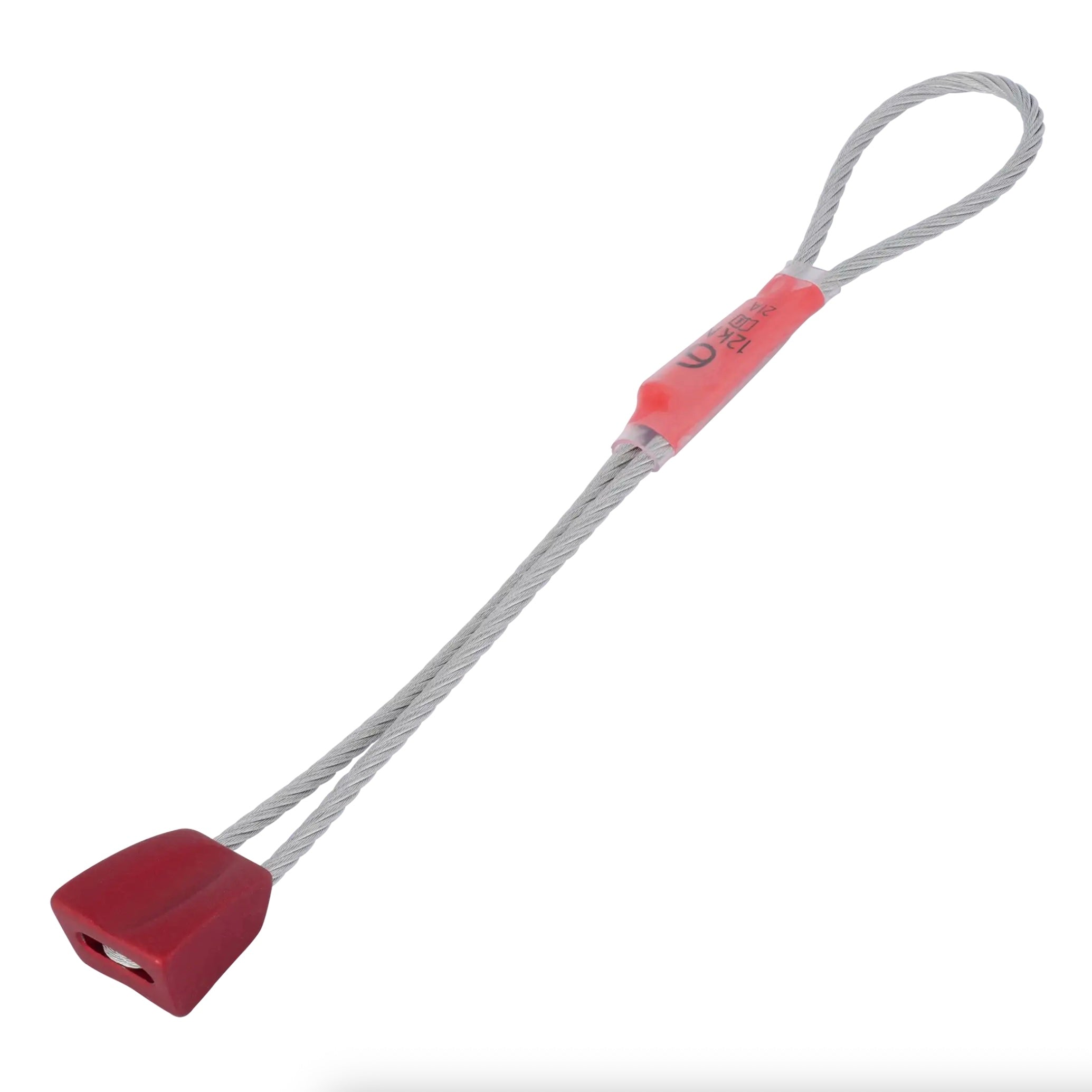Red DMM Individual Wallnut with a curving taper and silver wire loop.
